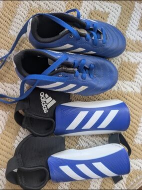 Adidas Kids Blue Soccer Cleats with Blue & White Shin Guards